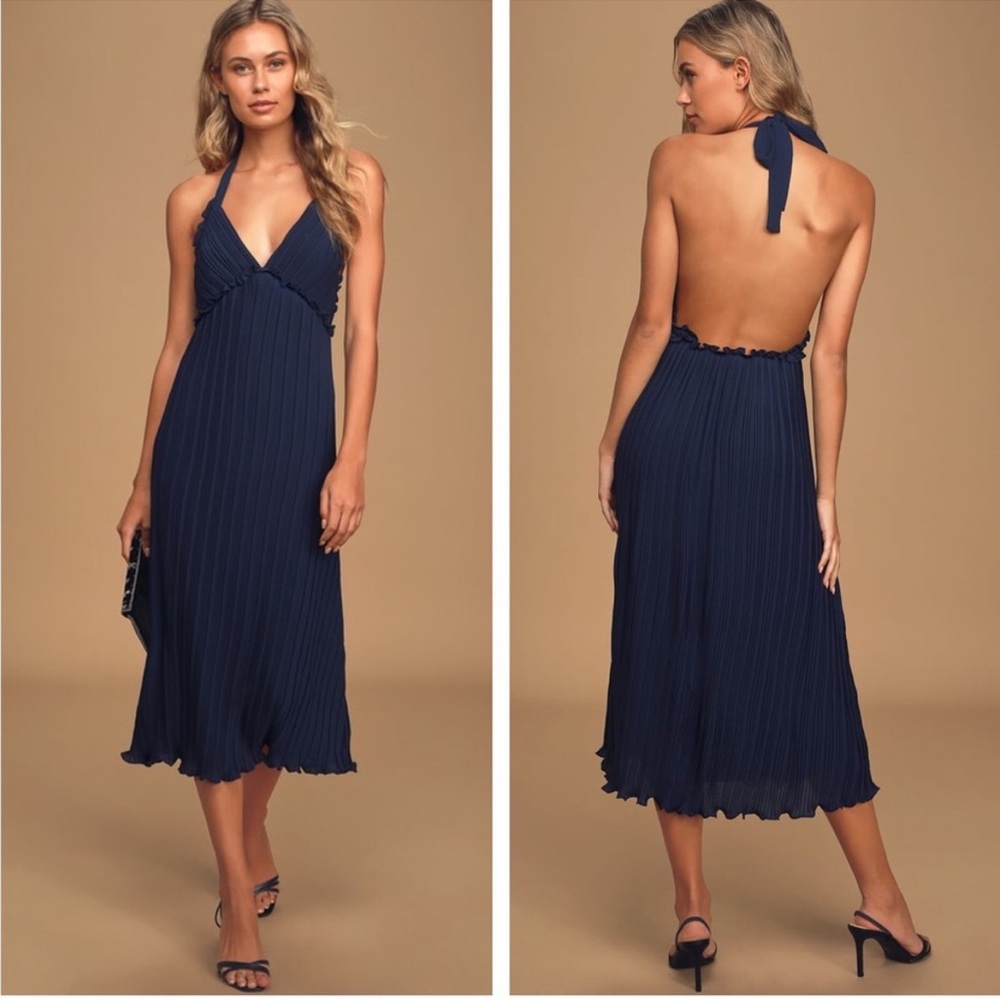Lulu's Deep Blue Pleated Halter Midi Dress